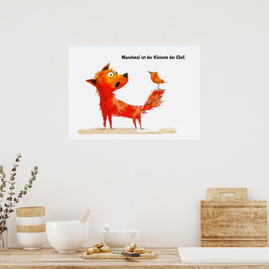 Waterverf Comic Dog en Bird on Tail Poster (Keuken)