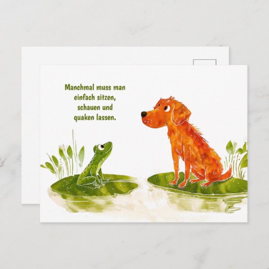 Waterverf Comic Dog en Frog op Lily Pad Feestdagenkaart (Voorkant / Achterkant)