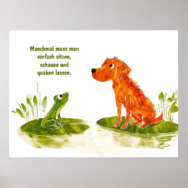 Waterverf Comic Dog en Frog op Lily Pad Poster