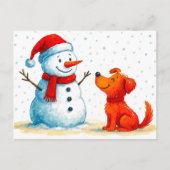 Waterverf Comic Dog met Sneeuwman in de winter Feestdagenkaart (Voorkant)