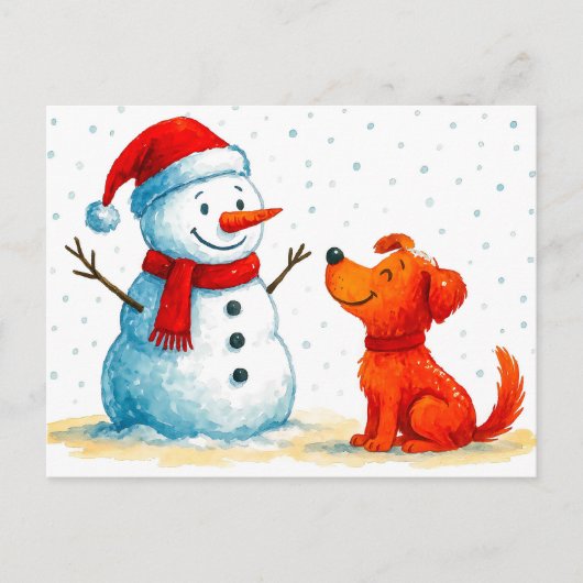Waterverf Comic Dog met Sneeuwman in de winter Feestdagenkaart (Voorkant)