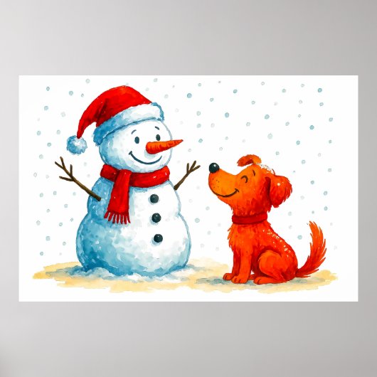 Waterverf Comic Dog met Sneeuwman in de winter Poster (Voorkant)