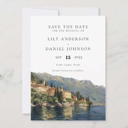 Waterverf Comomeer Italië Destination Wedding Save The Date (Voorkant)
