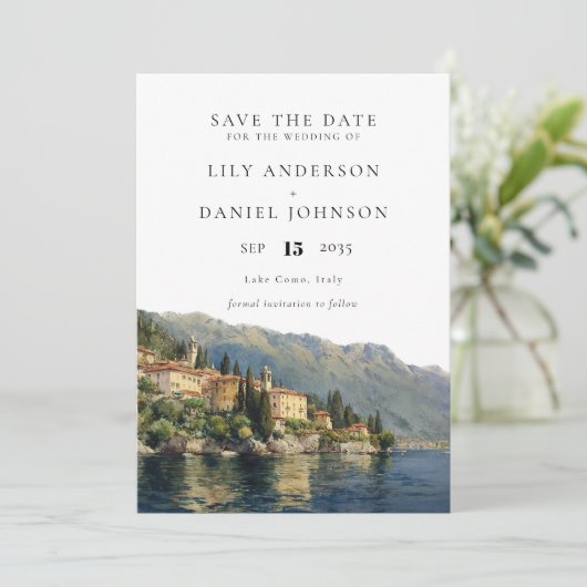 Waterverf Comomeer Italië Destination Wedding Save The Date (Staand voorkant)