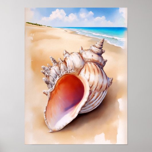 Waterverf Conch Shell op het strand Poster (Voorkant)
