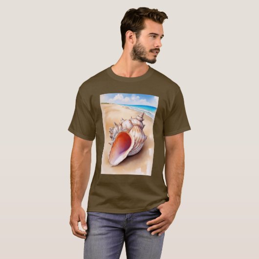 Waterverf Conch Shell op het strand T-shirt (Voorkant volledig)