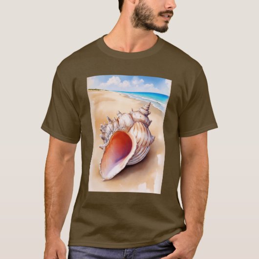 Waterverf Conch Shell op het strand T-shirt (Voorkant)