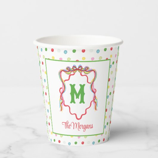 Waterverf Confetti Kerst Bow Monogram Crest Papieren Bekers (Voorkant)