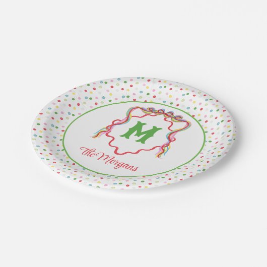 Waterverf Confetti Kerst Bow Monogram Crest Papieren Bordje (Gekanteld)
