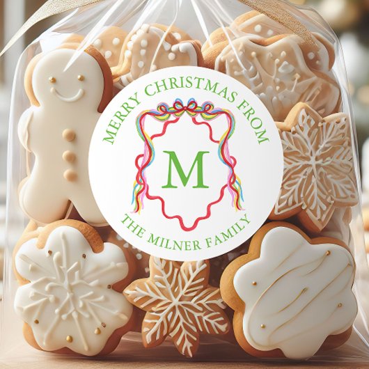 Waterverf Confetti Kerst Bow Monogram Crest Ronde Sticker