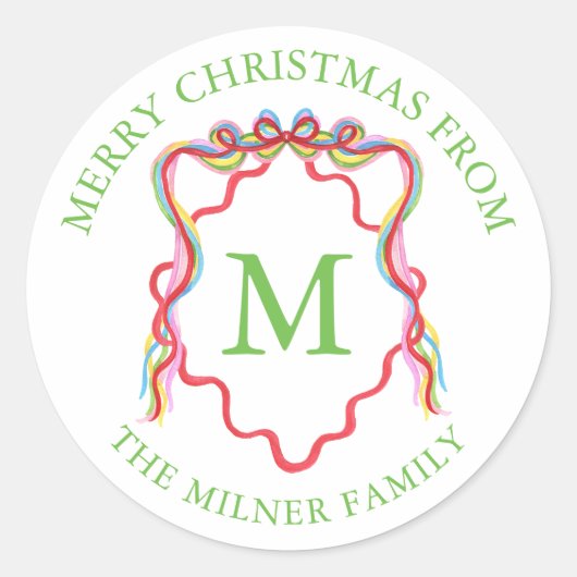Waterverf Confetti Kerst Bow Monogram Crest Ronde Sticker (Voorkant)