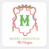 Waterverf Confetti Kerst Bow Monogram Crest Vierkante Sticker (Voorkant)