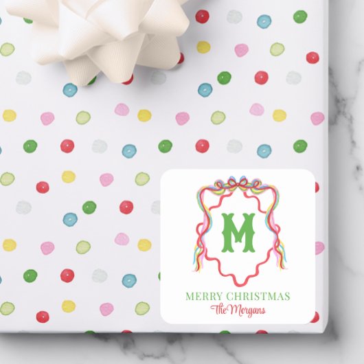 Waterverf Confetti Kerst Bow Monogram Crest Vierkante Sticker