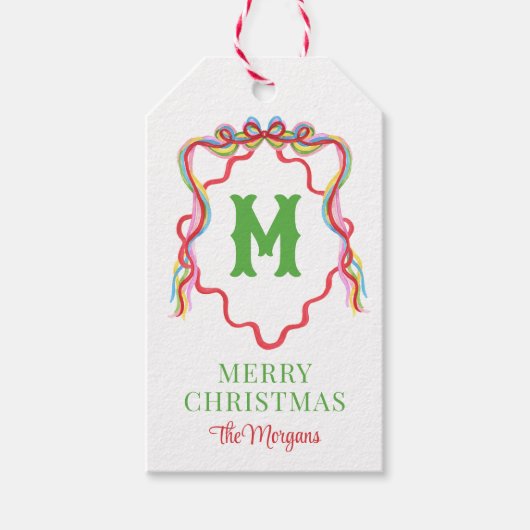 Waterverf Confetti Kerstbomen Monogram Crest Cadeaulabel (Voorkant)