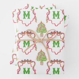 Waterverf Confetti Kerstbomen Monogram Crest Inpakpapier Vel