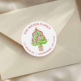 Waterverf Confetti Kerstboom Retouradres Ronde Sticker