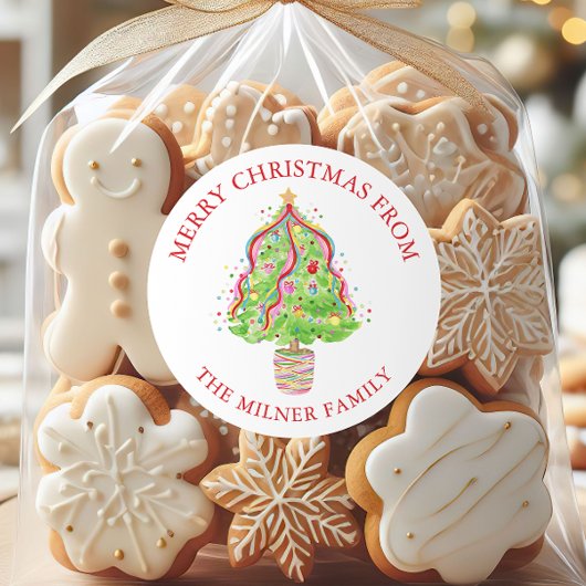 Waterverf Confetti Kerstboom Retouradres Ronde Sticker