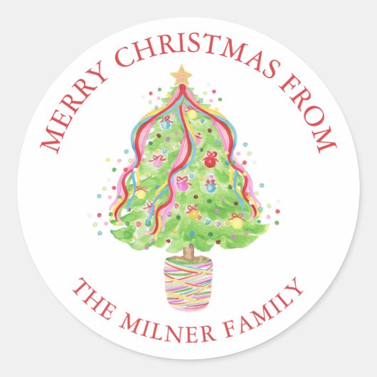 Waterverf Confetti Kerstboom Retouradres Ronde Sticker (Voorkant)