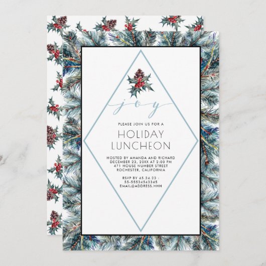 Waterverf Conifier en Pinecones Holiday Luncheon Kaart (Voorkant / Achterkant)