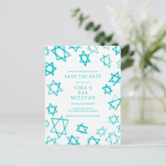 Waterverf Cool Aqua Star van David Bar Bat Mitzvah Aankondigingskaart (Staand voorkant)