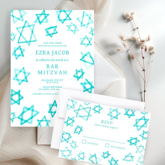 Waterverf Cool Aqua Star van David Bar Bat Mitzvah Kaart