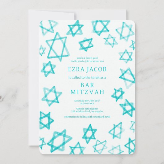 Waterverf Cool Aqua Star van David Bar Bat Mitzvah Kaart (Voorkant)