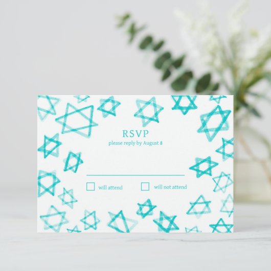 Waterverf Cool Aqua Star van David Bar Bat Mitzvah RSVP Kaartje (Staand voorkant)