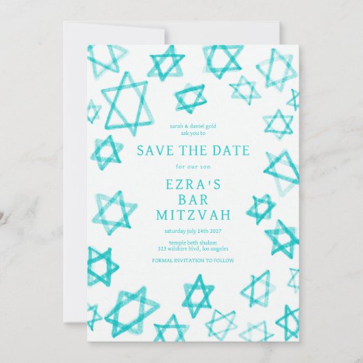 Waterverf Cool Aqua Star van David Bar Bat Mitzvah Save The Date (Voorkant)