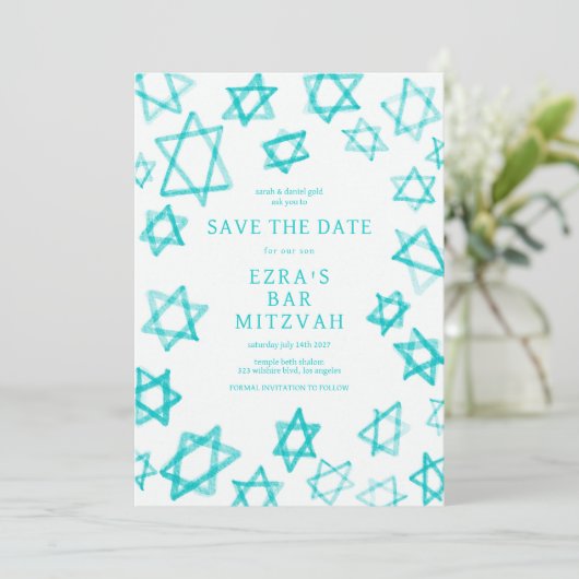 Waterverf Cool Aqua Star van David Bar Bat Mitzvah Save The Date (Staand voorkant)