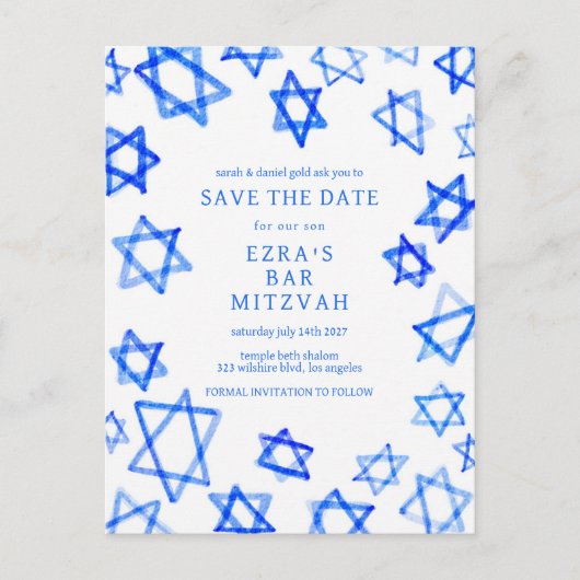 Waterverf Cool Blue Star van David Bar Bat Mitzvah Aankondigingskaart (Voorkant)