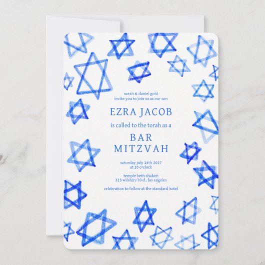 Waterverf Cool Blue Star van David Bar Bat Mitzvah Kaart (Voorkant)