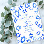 Waterverf Cool Blue Star van David Bar Bat Mitzvah Save The Date<br><div class="desc">Perfecte kaart om de aankomende datum van een bat mitswa, bar mitswa of andere Joodse viering aan te kondigen! Handgemaakte waterverf kunst voor u aan de voor- en achterkant! VOLLEDIG ! Klik hierboven op "Personaliseren" om de tekst te bewerken. Klik op "bewerken met het ontwerpgereedschap" om de lettertypen, kleuren en...</div>