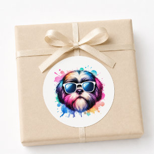 Waterverf Cool Shih Tzu Hond Draagt Zonnebril Ronde Sticker