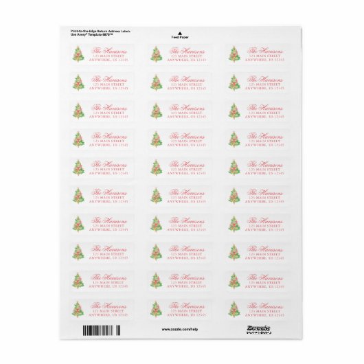 Waterverf Coquette Bow Kerstboom Adres Etiket (Full Sheet)