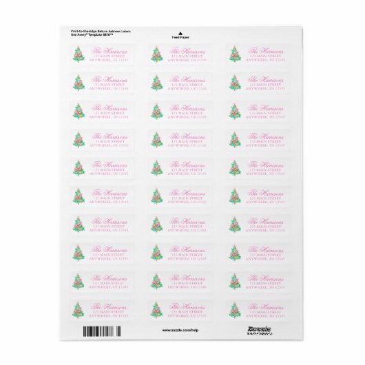 Waterverf Coquette Bow Kerstboom Adres Etiket (Full Sheet)