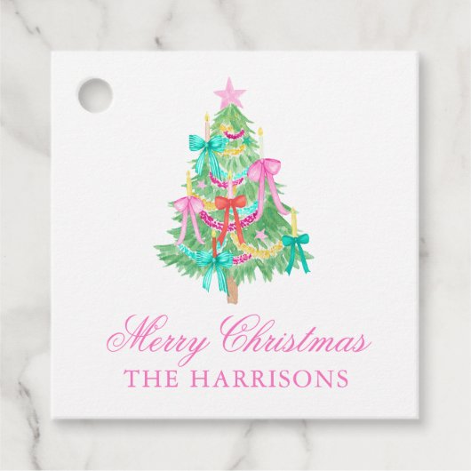 Waterverf Coquette Bow Kerstboom Bedankjes Labels (Voorkant)