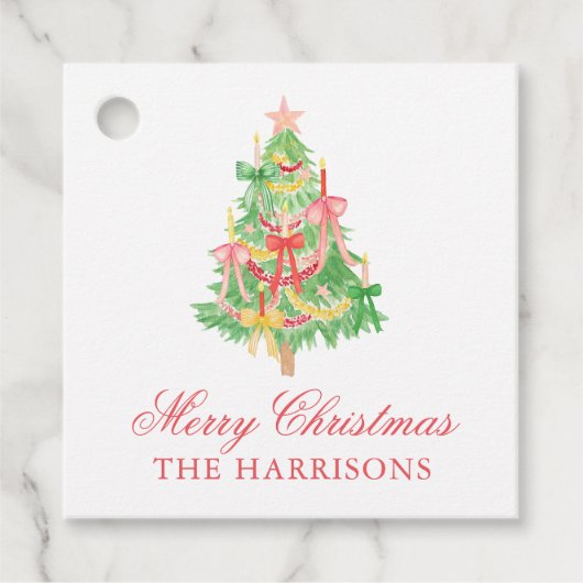Waterverf Coquette Bow Kerstboom Bedankjes Labels (Voorkant)