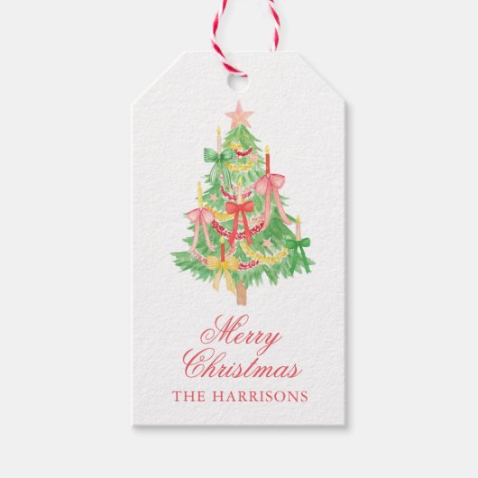 Waterverf Coquette Bow Kerstboom behuizing Cadeaulabel (Voorkant)