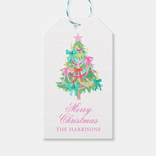 Waterverf Coquette Bow Kerstboom behuizing Cadeaulabel (Voorkant)