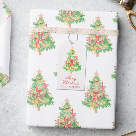 Waterverf Coquette Bow Kerstboom behuizing Cadeaulabel