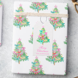 Waterverf Coquette Bow Kerstboom behuizing Cadeaulabel