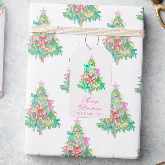 Waterverf Coquette Bow Kerstboom behuizing Cadeaulabel