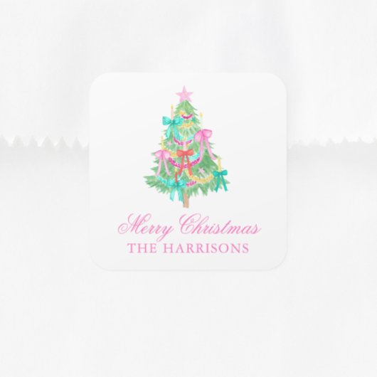 Waterverf Coquette Bow Kerstboom Vierkante Sticker