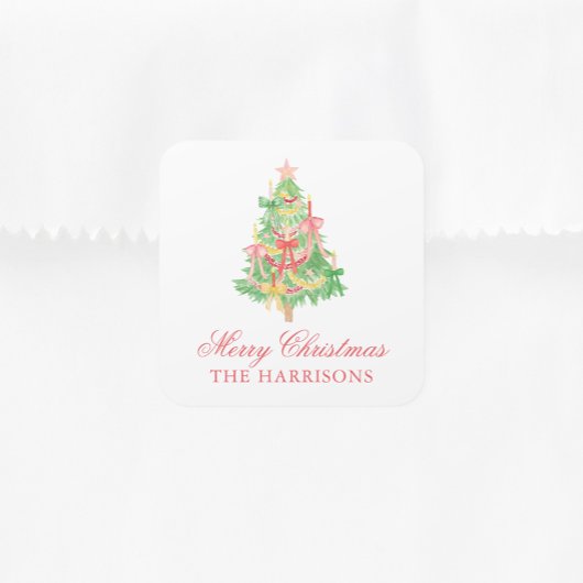 Waterverf Coquette Bow Kerstboom Vierkante Sticker