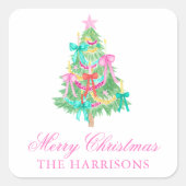 Waterverf Coquette Bow Kerstboom Vierkante Sticker (Voorkant)