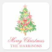 Waterverf Coquette Bow Kerstboom Vierkante Sticker (Voorkant)