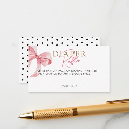 Waterverf Coquette Bow Luier Raffle Baby shower Informatiekaartje (Voorkant / Achterkant in situ)