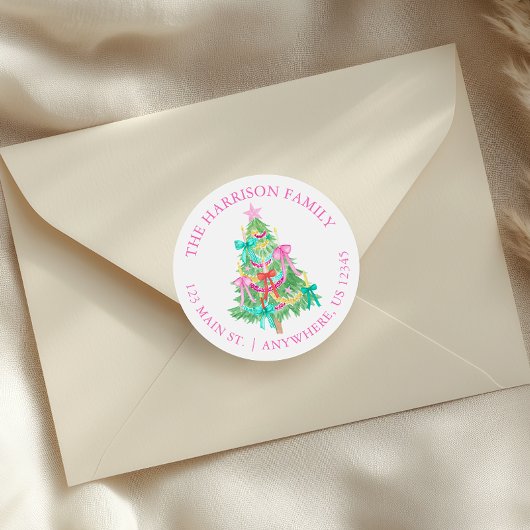 Waterverf Coquette Bows Kerstboom Adres Ronde Sticker