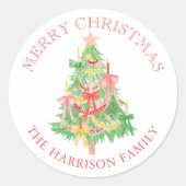 Waterverf Coquette Bows Kerstboom Ronde Sticker (Voorkant)