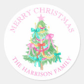 Waterverf Coquette Bows Kerstboom Ronde Sticker (Voorkant)